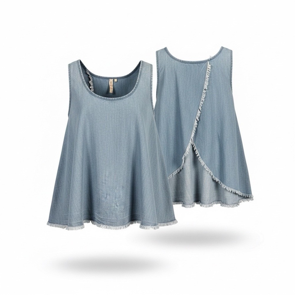 Red Camel Top Women S Chambray Open Back Raw Hem‎ Tank Bohemian Indie Y2K